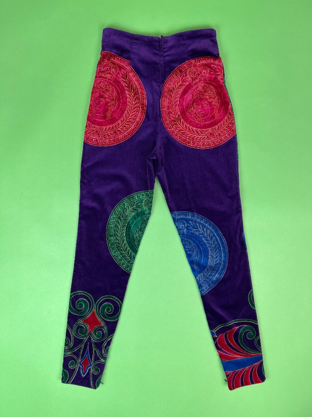 Vintage 80s Versace Purple Velvet Roman Medallion Print Pants Size XS